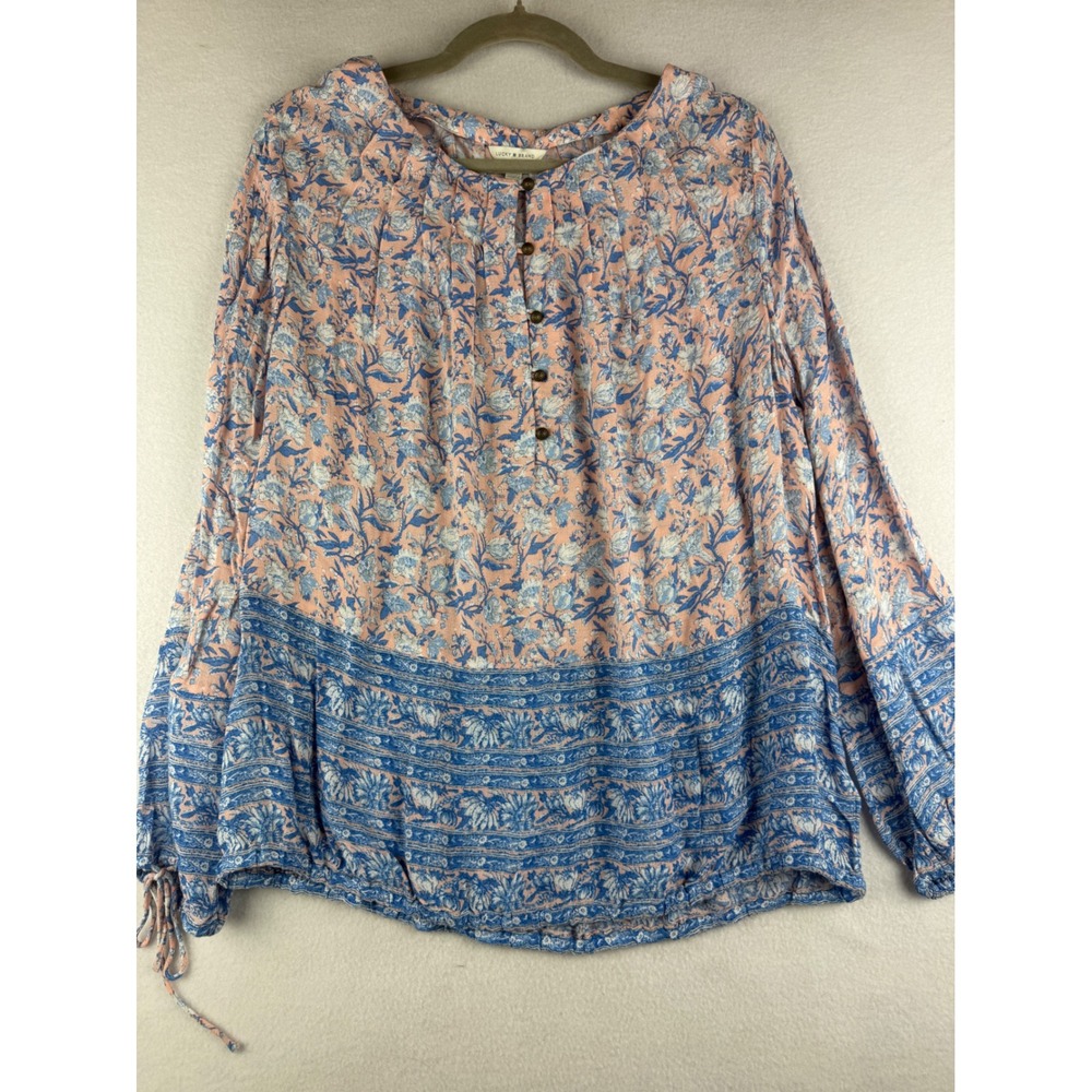 Lucky Brand Womens Floral Peasant Blouse Peach Blue Border Print L Large